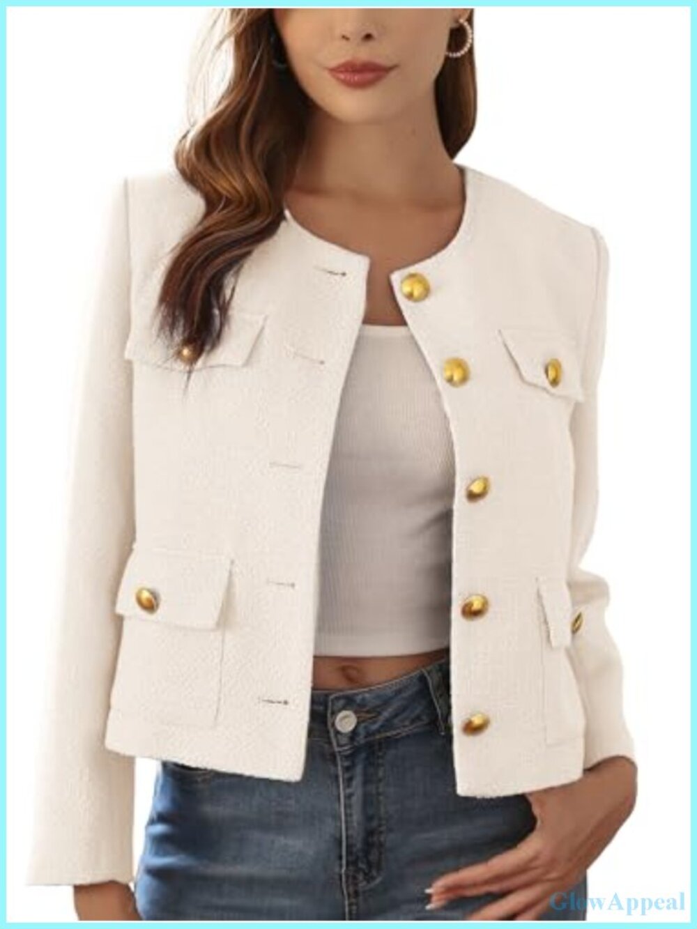 Cropped Tweed Blazer Womens Collarless Gold Tone Button Loose Fit Pockets